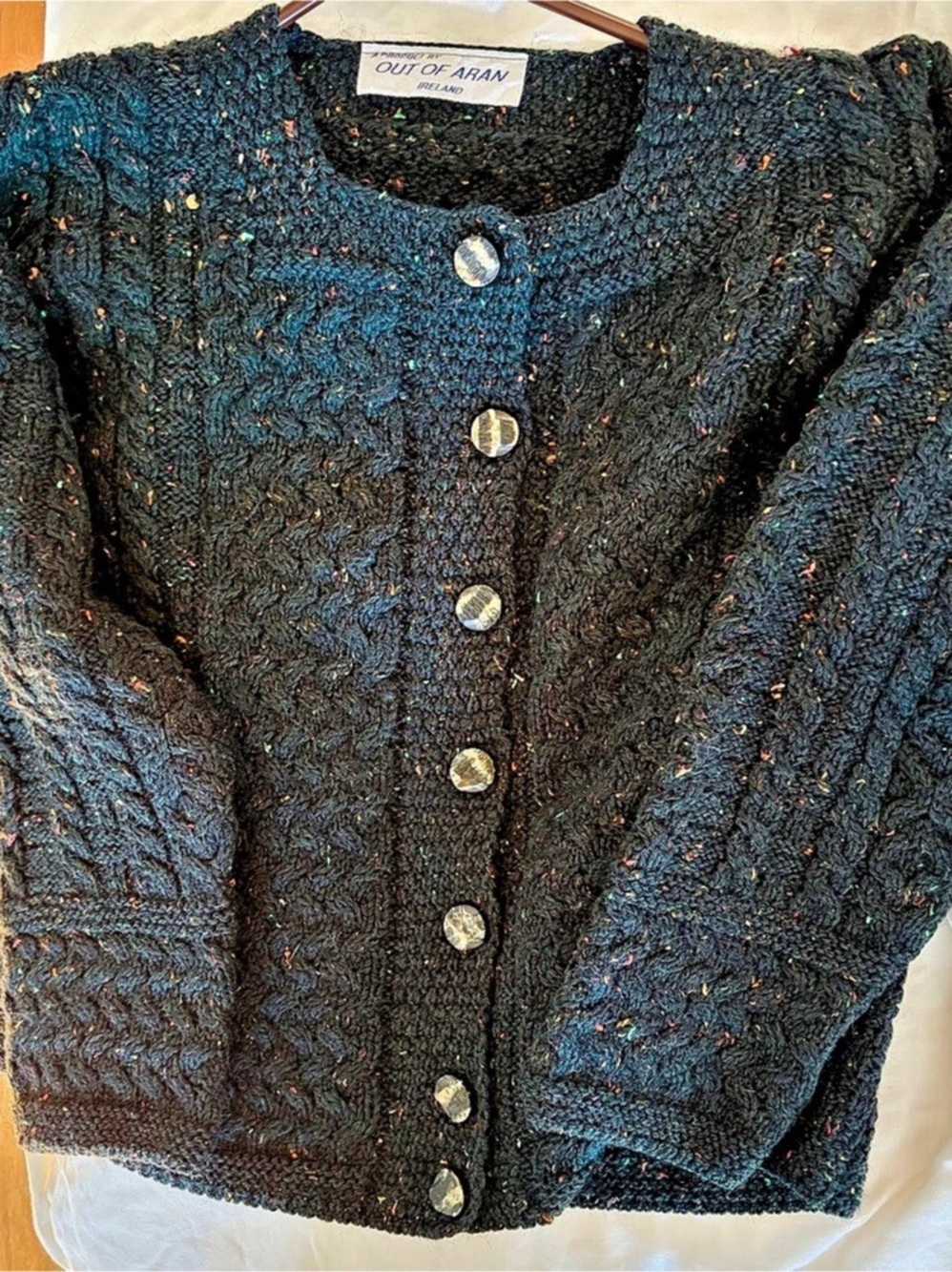 Aran Irish Wool Cable Knit Button-Front Cardigan in Forest Green/ Multi